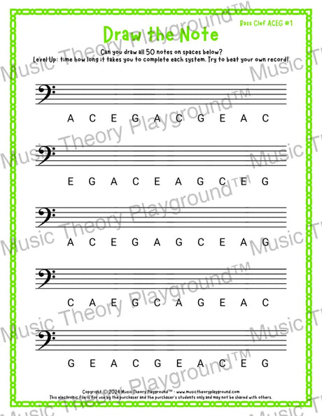 Draw the Note: Bass Clef ACEG 1 / Worksheet + Answer Key Student Worksheet