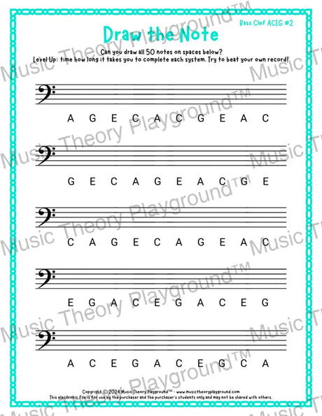 Draw the Note: Bass Clef ACEG 2 / Worksheet + Answer Key Student Worksheet