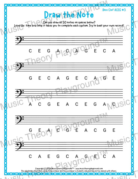 Draw the Note: Bass Clef ACEG 3 / Worksheet + Answer Key Student Worksheet
