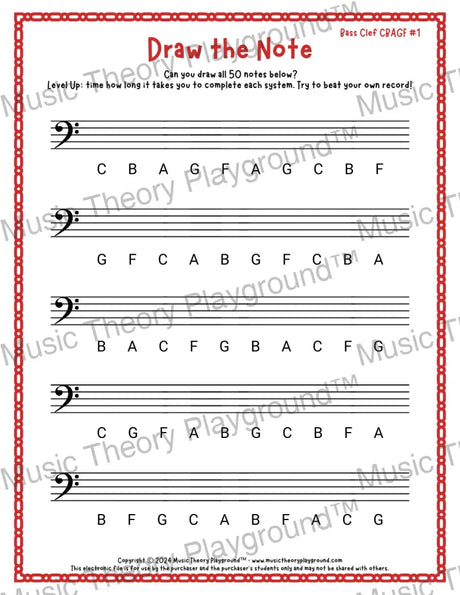Draw the Note: Bass Clef CBAGF 1 / Worksheet + Answer Key Student Worksheet