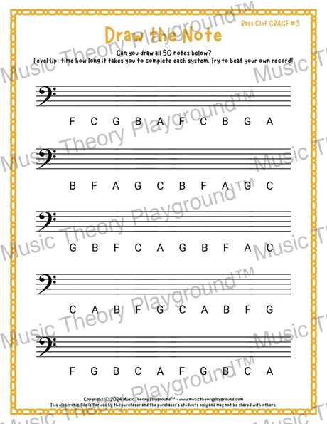 Draw the Note: Bass Clef CBAGF 3 / Worksheet + Answer Key Student Worksheet