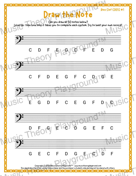 Draw the Note: Bass Clef CDEFG 1 / Worksheet + Answer Key Student Worksheet
