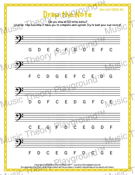 Draw the Note: Bass Clef CDEFG 2 / Worksheet + Answer Key Student Worksheet