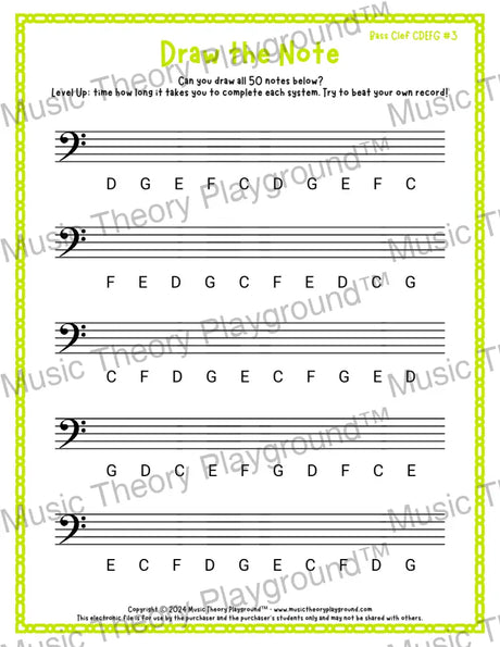 Draw the Note: Bass Clef CDEFG 3 / Worksheet + Answer Key Student Worksheet
