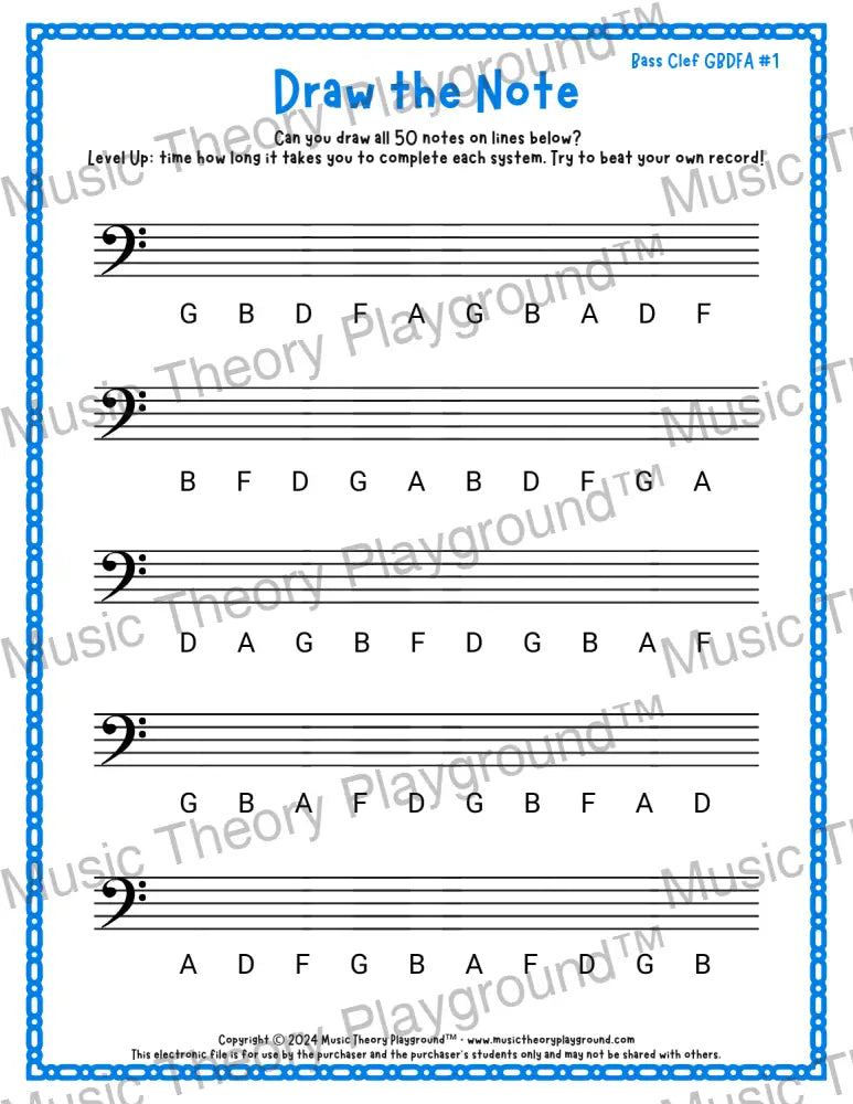 Draw the Note: Bass Clef GBDFA 1 / Worksheet + Answer Key Student Worksheet