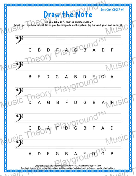 Draw the Note: Bass Clef GBDFA 1 / Worksheet + Answer Key Student Worksheet