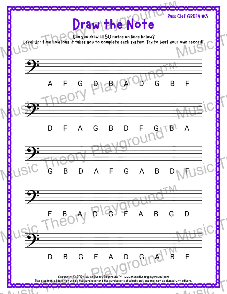 Draw the Note: Bass Clef GBDFA 3 / Worksheet + Answer Key Student Worksheet