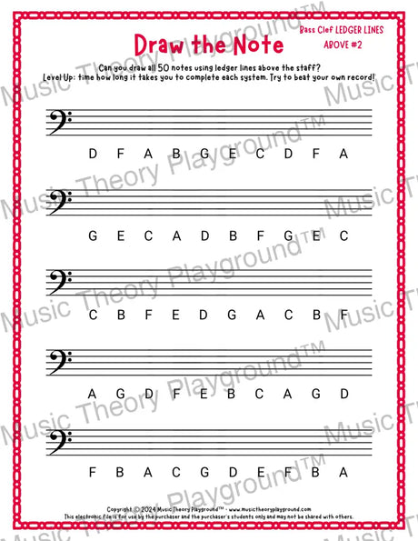 Draw the Note: Bass Clef Ledger Lines Above 2 / Worksheet + Answer Key Student Worksheet