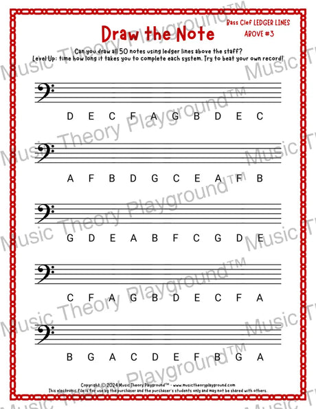 Draw the Note: Bass Clef Ledger Lines Above 3 / Worksheet + Answer Key Student Worksheet