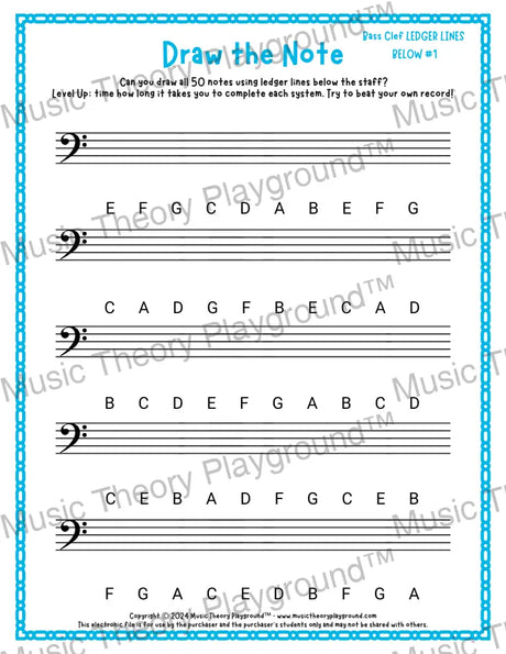 Draw the Note: Bass Clef Ledger Lines Below 1 / Worksheet + Answer Key Student Worksheet