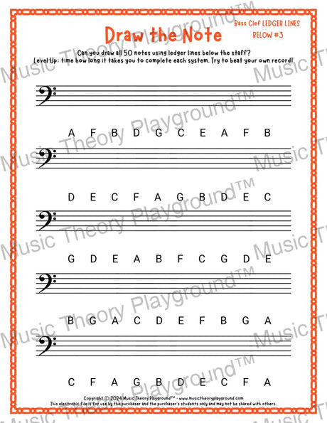 Draw the Note: Bass Clef Ledger Lines Below 3 / Worksheet + Answer Key Student Worksheet
