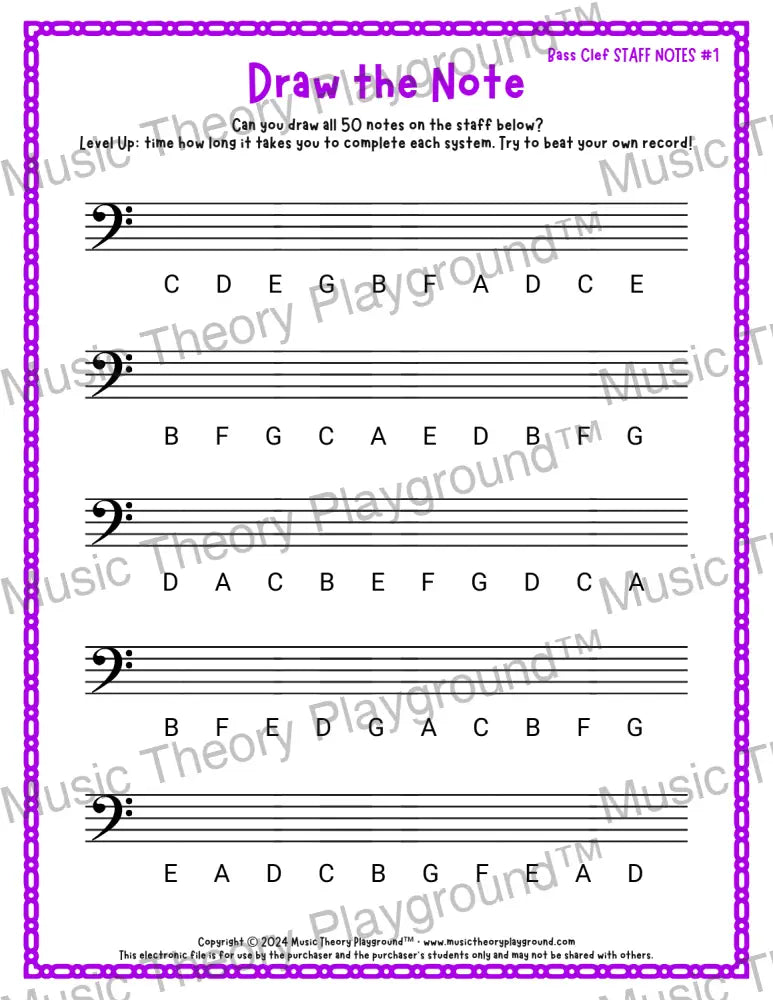 Draw the Note: Bass Clef Staff Notes 1 / Worksheet + Answer Key Student Worksheet