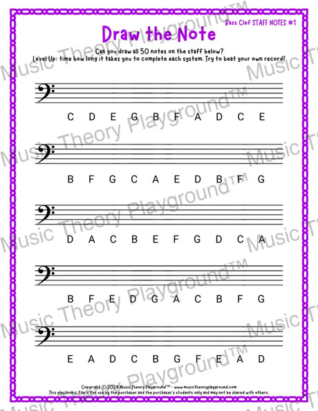 Draw the Note: Bass Clef Staff Notes 1 / Worksheet + Answer Key Student Worksheet