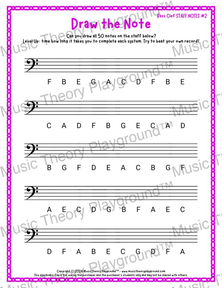 Draw the Note: Bass Clef Staff Notes 2 / Worksheet + Answer Key Student Worksheet