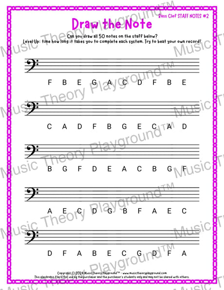 Draw the Note: Bass Clef Staff Notes 2 / Worksheet + Answer Key Student Worksheet
