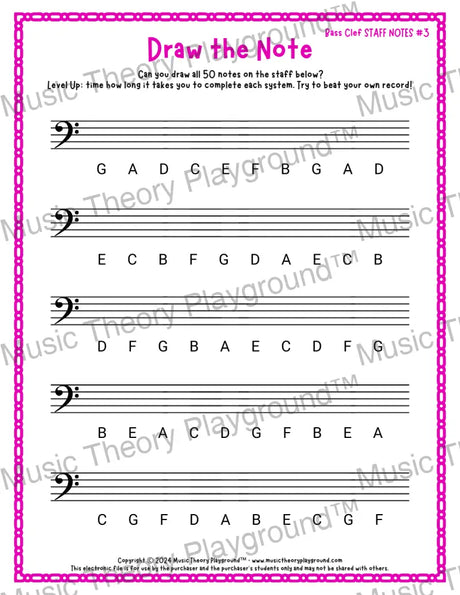 Draw the Note: Bass Clef Staff Notes 3 / Worksheet + Answer Key Student Worksheet
