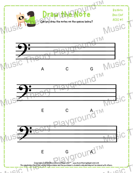 Bass clef note drawing music theory worksheet - printable PDF for students