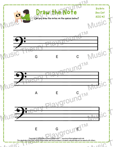 Bass clef note drawing music theory worksheet - printable PDF for students