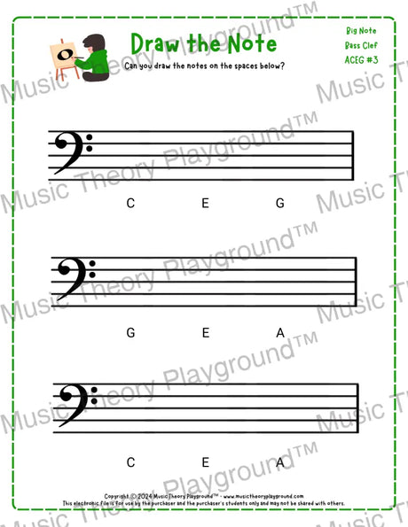 Bass clef note drawing music theory worksheet - printable PDF for students
