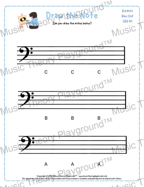 Bass clef note drawing music theory worksheet - printable PDF for students