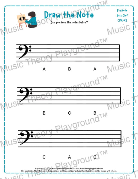 Bass clef note drawing music theory worksheet - printable PDF for students