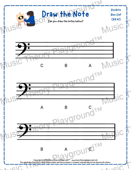 Bass clef note drawing music theory worksheet - printable PDF for students