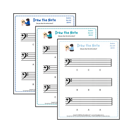 Bass clef note drawing music theory worksheets - printable PDFs for students