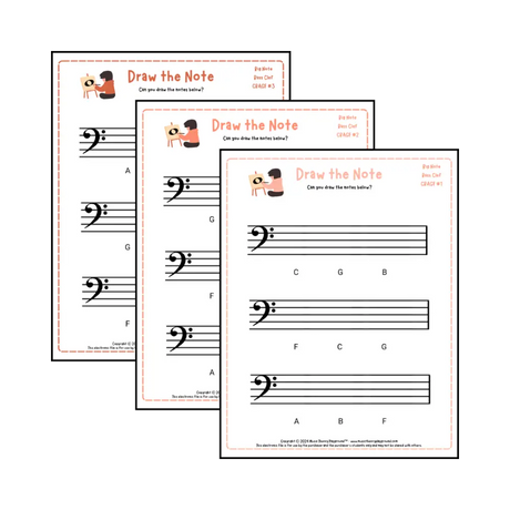 Bass clef note drawing music theory worksheets - printable PDFs for students
