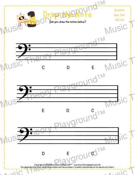 Bass clef note drawing music theory worksheet - printable PDF for students