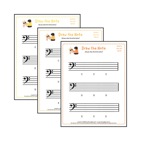 Bass clef note drawing music theory worksheets - printable PDFs for students