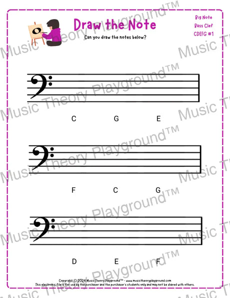Bass clef note drawing music theory worksheet - printable PDF for students