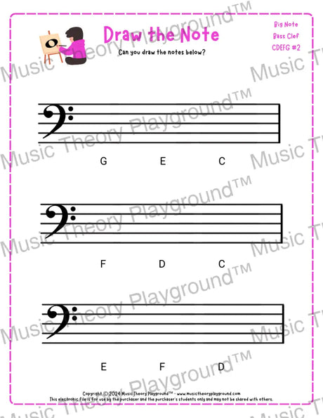 Bass clef note drawing music theory worksheet - printable PDF for students