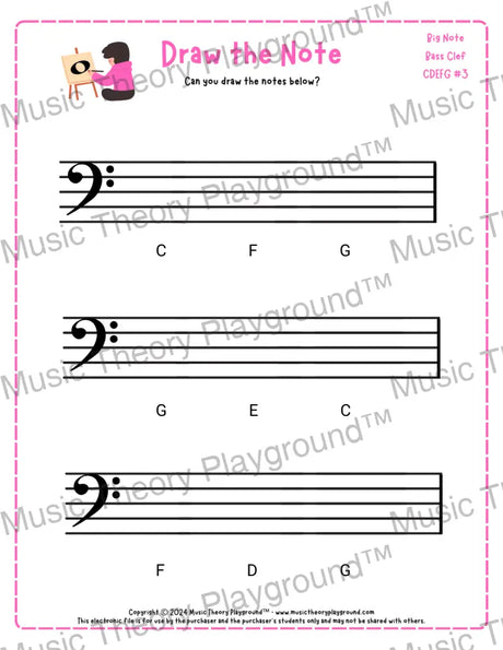 Bass clef note drawing music theory worksheet - printable PDF for students