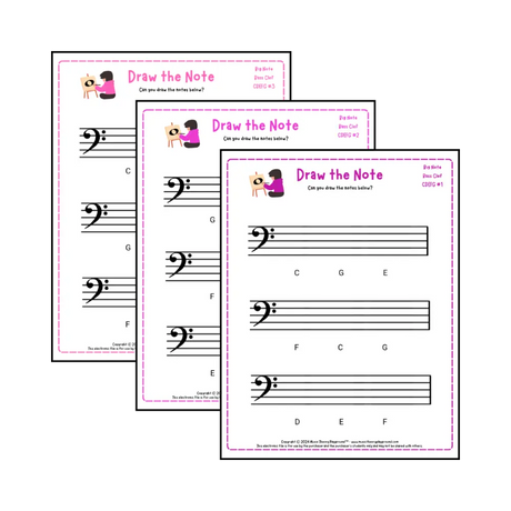 Bass clef note drawing music theory worksheets - printable PDFs for students