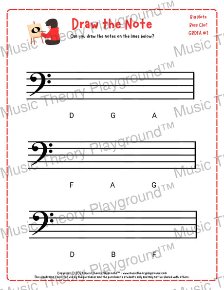 Bass clef note drawing music theory worksheet - printable PDF for students