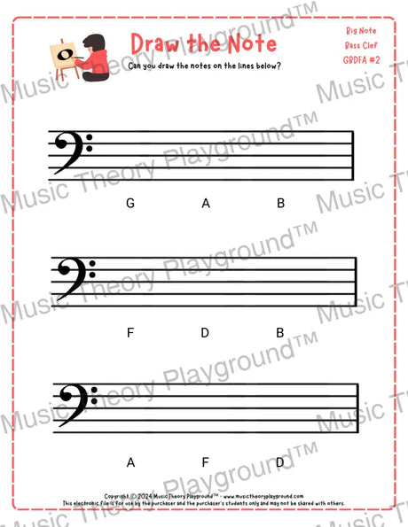 Bass clef note drawing music theory worksheet - printable PDF for students
