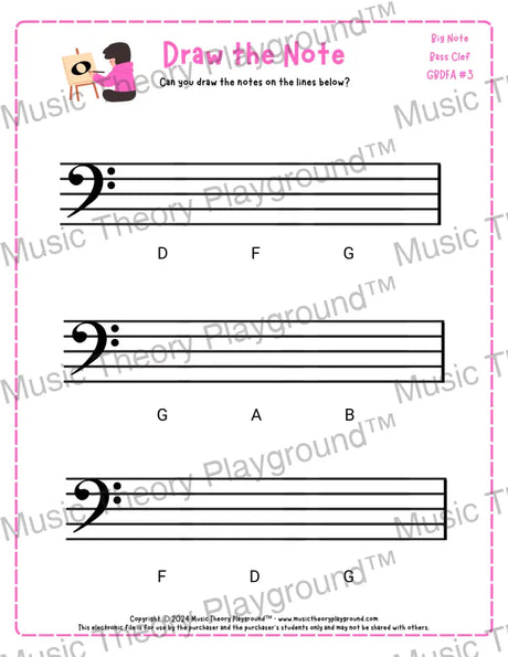 Bass clef note drawing music theory worksheet - printable PDF for students