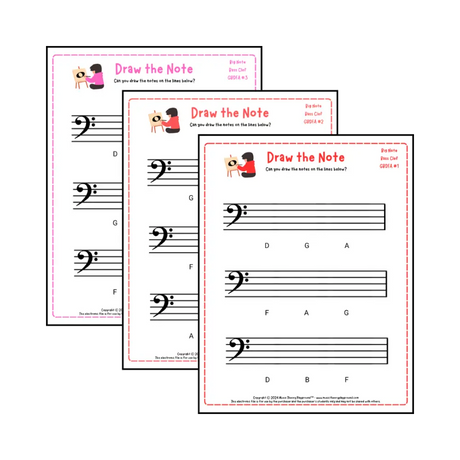 Bass clef note drawing music theory worksheets - printable PDFs for students