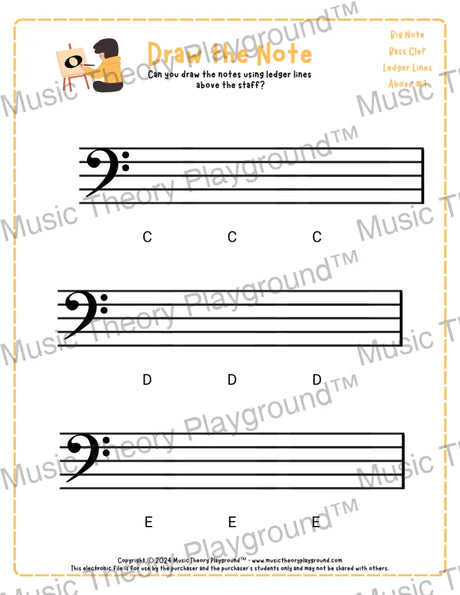 Bass clef note drawing music theory worksheets - printable PDF for students