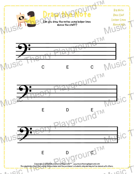 Bass clef note drawing music theory worksheets - printable PDF for students