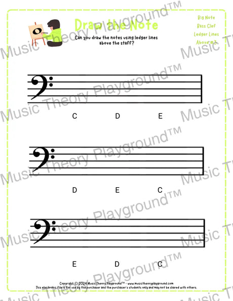 Bass clef note drawing music theory worksheets - printable PDF for students
