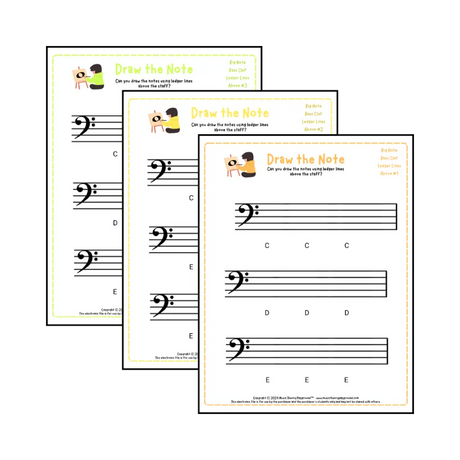 Bass clef note drawing music theory worksheets - printable PDFs for students