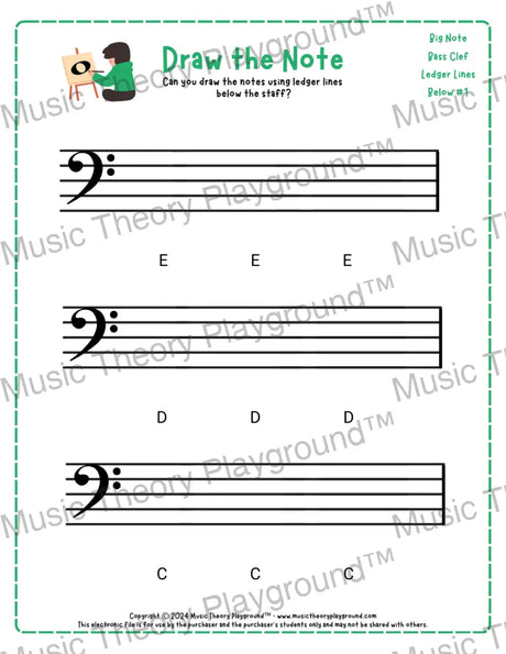 Bass clef note drawing music theory worksheets - printable PDF for students