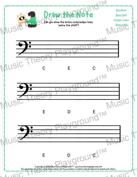 Bass clef note drawing music theory worksheets - printable PDF for students