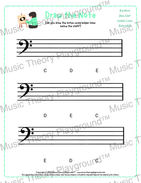 Bass clef note drawing music theory worksheets - printable PDF for students