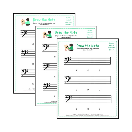 Bass clef note drawing music theory worksheets - printable PDFs for students