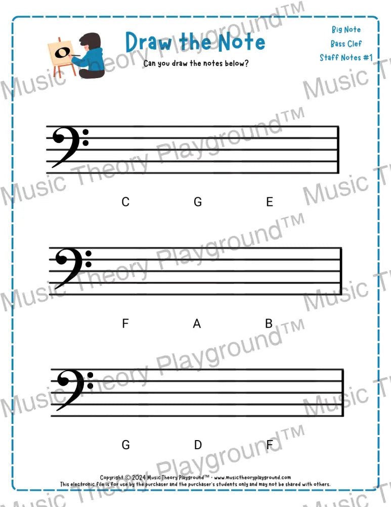 Bass clef note drawing music theory worksheet - printable PDF for students
