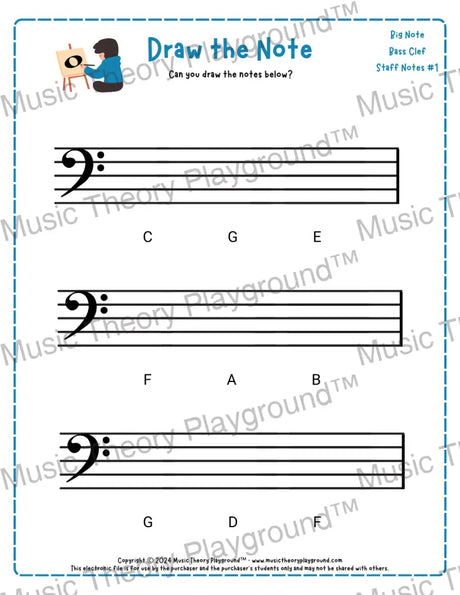 Bass clef note drawing music theory worksheet - printable PDF for students