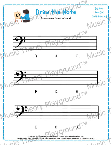 Bass clef note drawing music theory worksheet - printable PDF for students