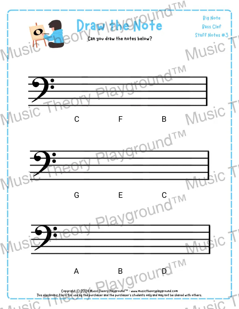 Bass clef note drawing music theory worksheet - printable PDF for students